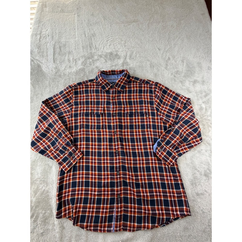 Marmot Button Up Shirt Mens Large Orange Blue Plaid Flannel Long Sleeve